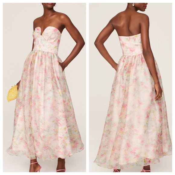 ML Monique Lhuillier Floral Organza Strapless Pink Midi Dress Sweetheart Size 8 - Picture 11 of 11